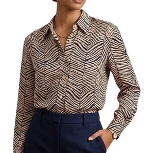 Via Seta Womens XL Silk Zebra Print Button Up Blouse Tan Black Long Sleeve Top
